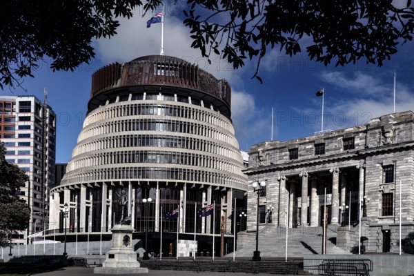 The iconic 'Beehive' parliament building with the neoclassical façade in Wellington, Wellington, New Zealand
