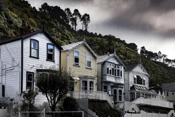 Wooden houses on a hill against cloudy sky in Wellington, Wellington, New Zealand