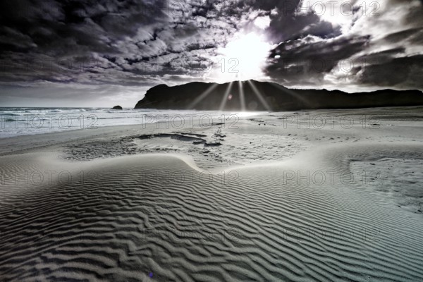Special sand patterns when the sun is low on Wharariki Beach, Wharariki Beach, Tasman, New Zealand