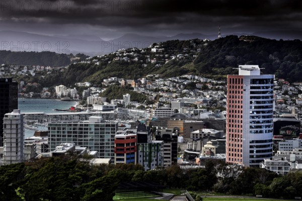 View of Wellington skyline and hills from the cable car, Wellington, New Zealand