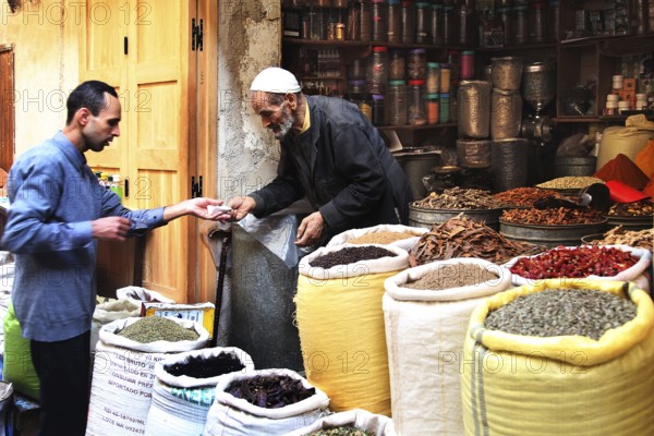 Dealer sells various spices from large bags at a market stand, Fez, Fez el Bali, Morocco