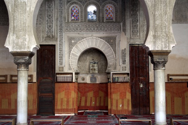 Prayer room at Medersa Bou Inania with stylish decorations, Fez, Fès-Boulemane, Morocco