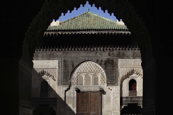 Traditional gate in Medersa Bou Inania with Gothic arches, Fez, Fès-Boulemane, Morocco