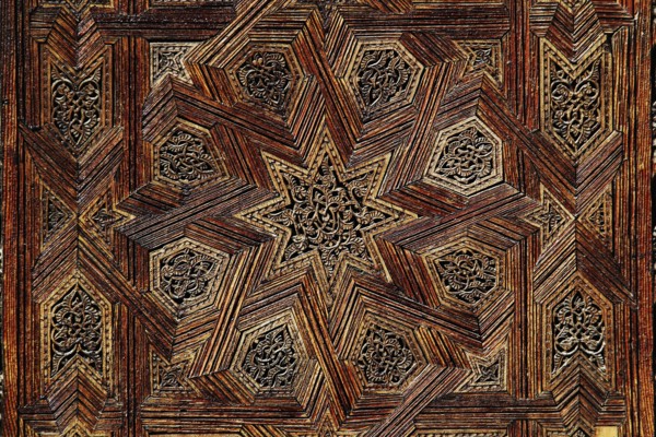 Decorated wooden ceiling with star motif in Medersa Bou Inania, Fez, Fès-Boulemane, Morocco