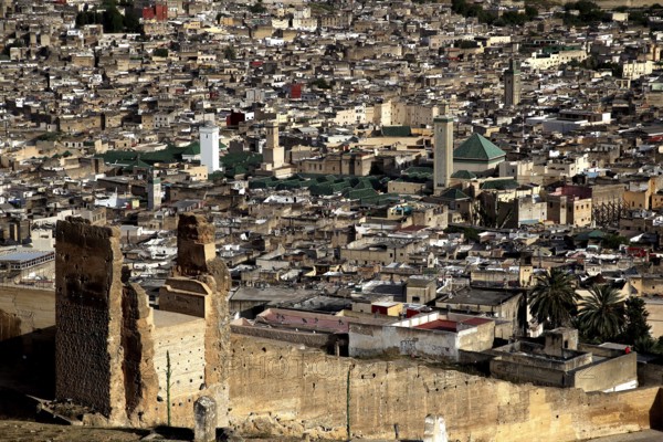 View from the merinid tombs over Fez with visible city walls, Fez, Fez el Bali, Morocco