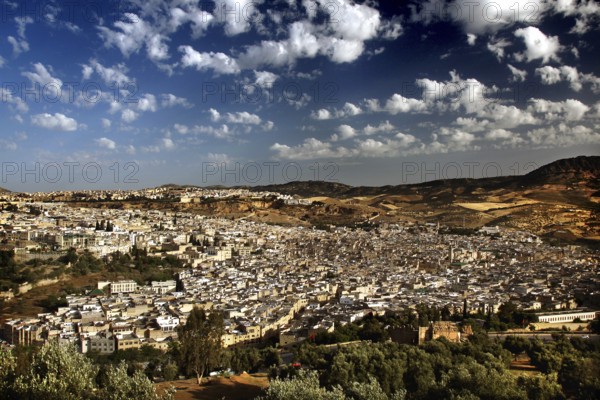 Extensive view of Fez from Bordj Sud with dynamic skies, Fez, Fez el Bali, Morocco