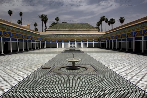 Magnificent courtyard of the Bahia Palace with ornate mosaic floor, Marrakech, Marrakesh-Safi, Morocco
