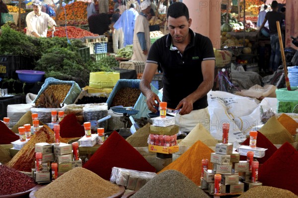 Market scene with colorful spice pyramids and a retailer presenting products, Guelmim, Morocco