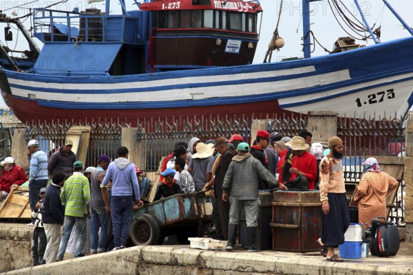 Fishermen prepare their catch while people work at the port of Essaouira, Essaouira, Morocco