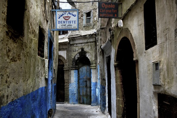 Narrow, blue-painted alley in the old town of Essaouira, Essaouira, Morocco