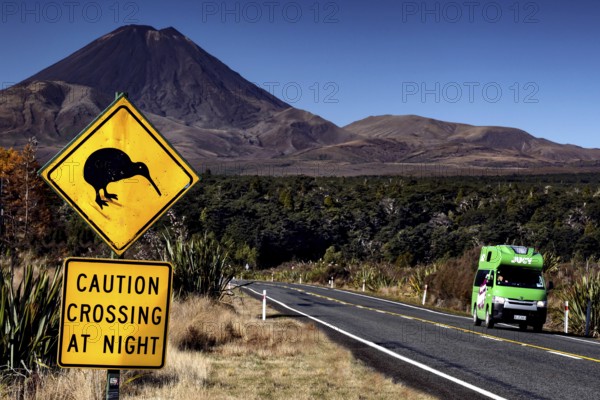 Yellow kiwi sign on roadside with green camper in front of majestic mountain, Tongariro National Park, New Zealand