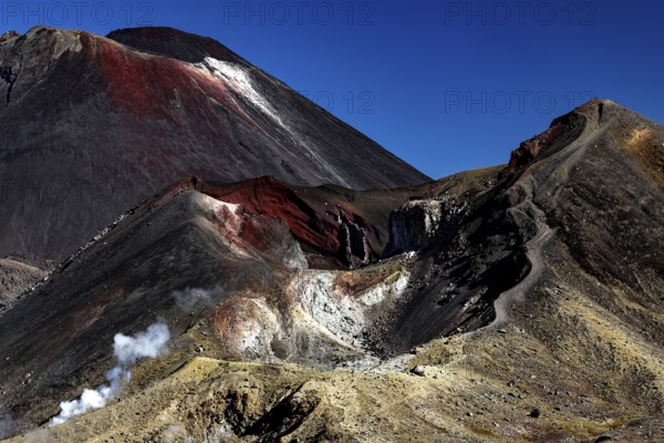The imposing peaks of Mount Tongariro and Mount Ngauruhoe under clear skies, Tongariro National Park, North Island, New Zealand