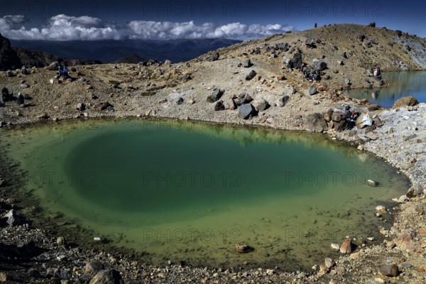 The Emerald Lakes glow turquoise green in a harsh, rocky environment, Tongariro National Park, New Zealand