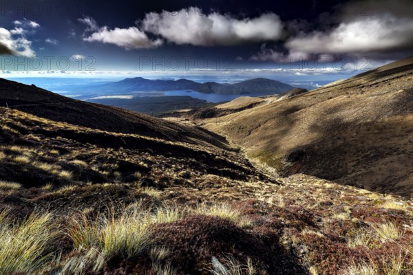 Wide ranges of hills open with views of Lake Taupo under dramatic clouds, Tongariro National Park, New Zealand