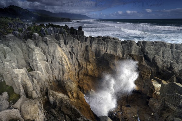 Impressive blowhole at Pancake Rocks in Punakaiki, Punakaiki, West Coast, New Zealand