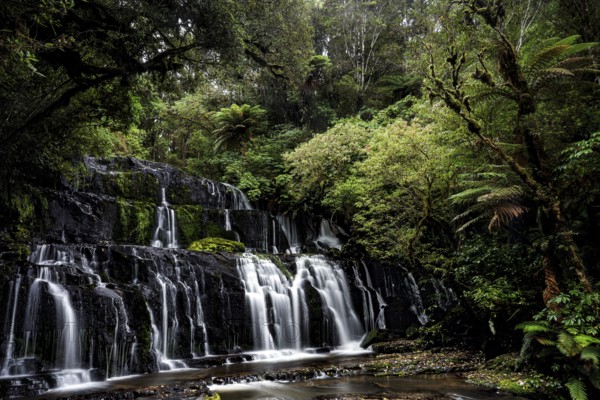 Idyllic waterfall nestled in a green jungle landscape, Purakaunui Falls, New Zealand