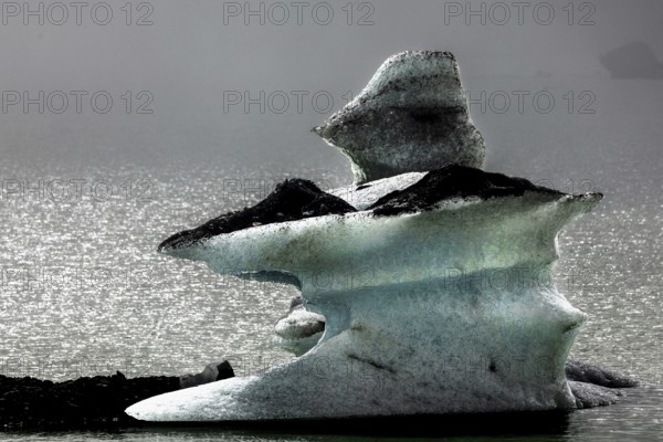 Floating ice formations in shimmering glacial lake under grey sky, Mount Cook, New Zealand