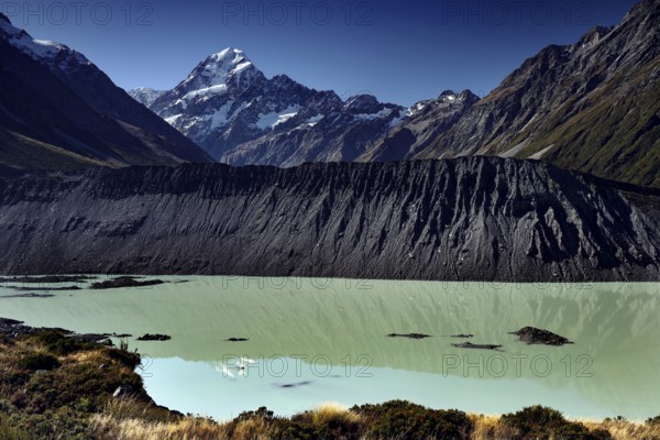 A mountain lake with calm water and Aoraki in the background, New Zealand, zero