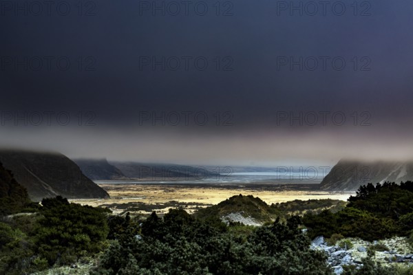 Wide valley view with cloudy sky in Hocker Valley, New Zealand, zero