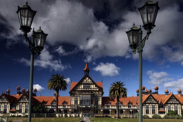 The Bath House in Government Gardens with majestic lanterns, Rotorua, Bay of Plenty, New Zealand