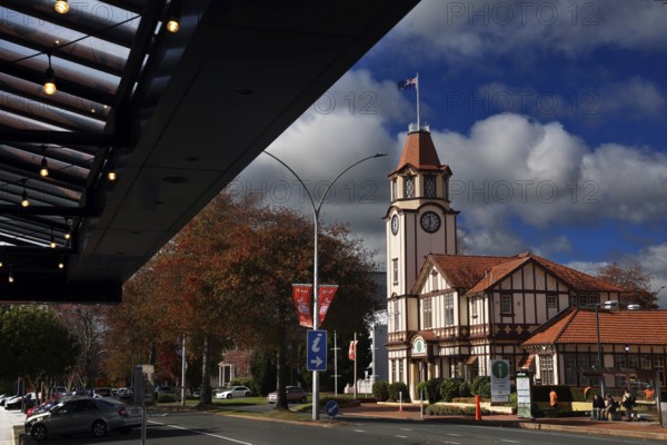 Historic building with clock tower in Rotorua on a sunny day, Rotorua, Bay of Plenty, New Zealand