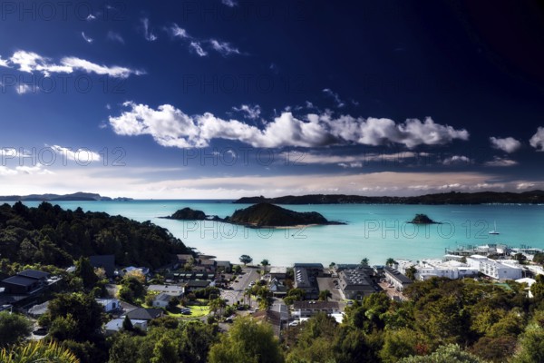 Breathtaking view of Paihia's Bay of Islands, lined with islands and city, Paihia, Bay of Islands, New Zealand