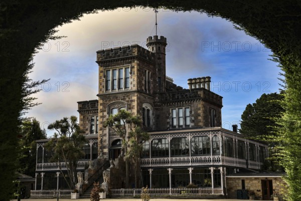 View of Larnach Castle through a tree opening, impressive architecture, Otago Peninsula, New Zealand