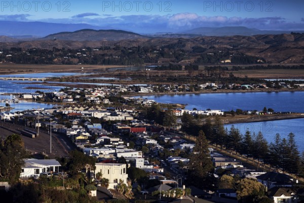 Wide view of hills and waterscape from Bluff Hill, Napier, Hawke's Bay, New Zealand