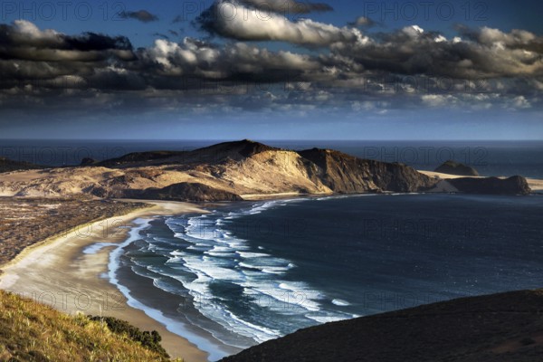 Dramatic coastal landscape with sweeping beaches and wild waves under a cloudy sky, Cape Reinga, Northland, New Zealand