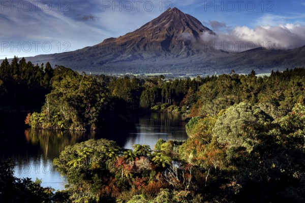 Mount Taranaki is reflected in tranquil Lake Mangamahoe, framed by thick forests, New Zealand, zero