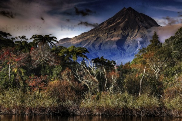 Majestic view of Mount Taranaki from Lake Mangamahoe surrounded by trees, Mount Taranaki, New Zealand