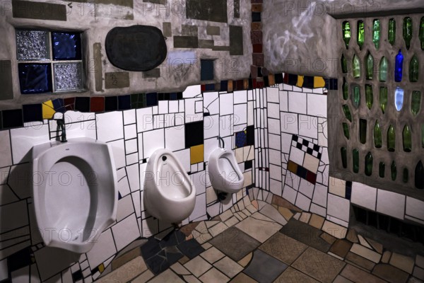 Interior view of the artistically designed Hundertwasser toilet in Kawakawa, Kawakawa, New Zealand