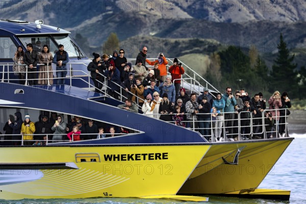Tourists watch marine life off Kaikoura, Kaikoura, New Zealand on a boat