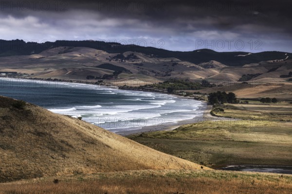 Waves break on Katiki Point beach surrounded by rolling hills, Katiki Point, New Zealand