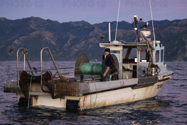 Small fishing boat on the sea against a mountainous backdrop in Kaikoura, Kaikoura, Canterbury, New Zealand