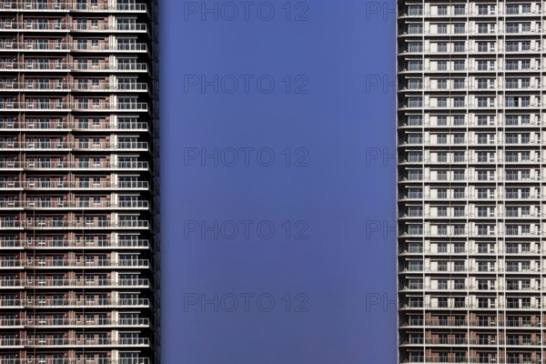 Skyscrapers with modern architecture against a clear blue sky, Tokyo, Tokyo Bay, Japan
