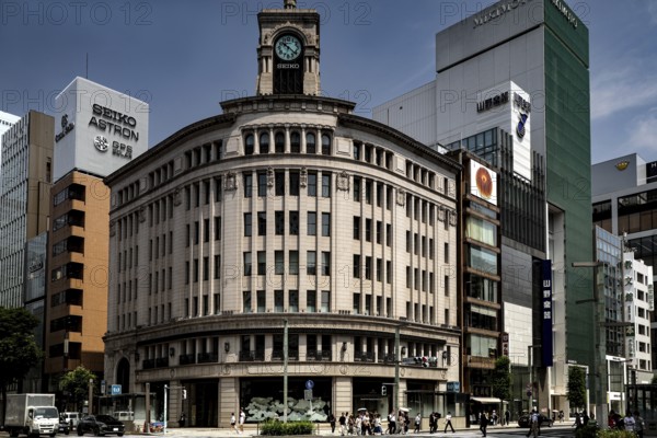 Historic building with a distinctive clock tower in the city center, Tokyo, Ginza, Chuo, Japan