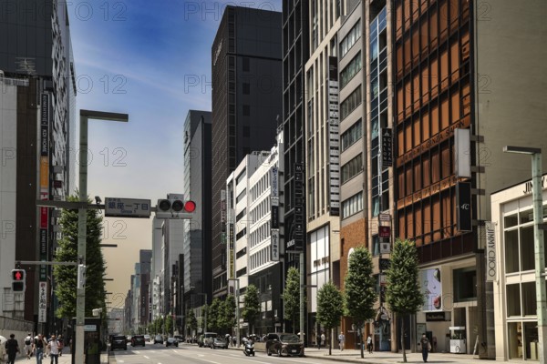 Modern street in Ginza with skyscrapers and clear lines, Tokyo, Tokyo, Japan