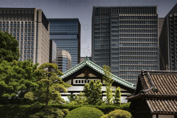 Traditional imperial palace gate in front of modern skyscrapers, Tokyo, Japan