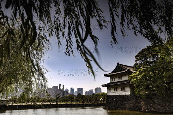 Imperial Palace wall with moat, modern buildings in the background, Tokyo, Japan