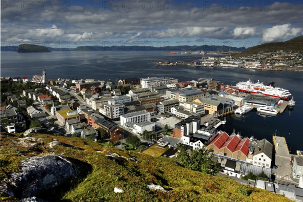 Panoramic view of Hammerfest with arriving Hurtigruten ship, Hammerfest, Finnmark, Norway