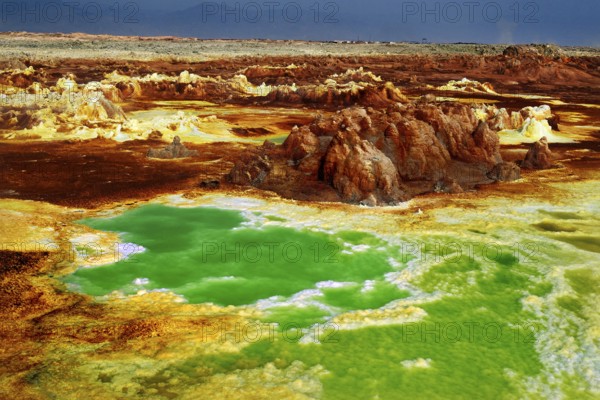 Colourful geothermal scene in Dallol with vivid green water areas, Dallol, Afar region, Ethiopia