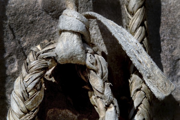 Close-up of a braided rope on a rocky wall, Debre Damo, Tigray, Ethiopia