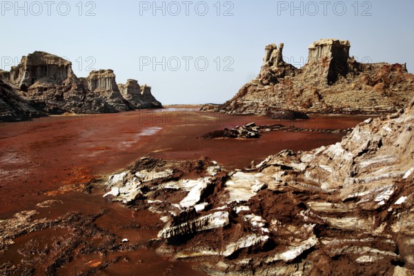 Extensive structures in the volcanic area of Dallol with rocks and canyon, zero