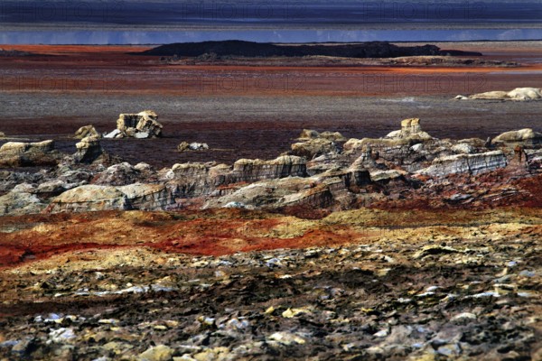 Dallol's impressive rocky landscape in warm shades of red and brown, zero