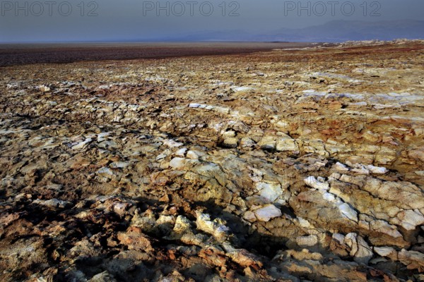 Wide, barren rocky landscape under barren sky in Dallol, zero