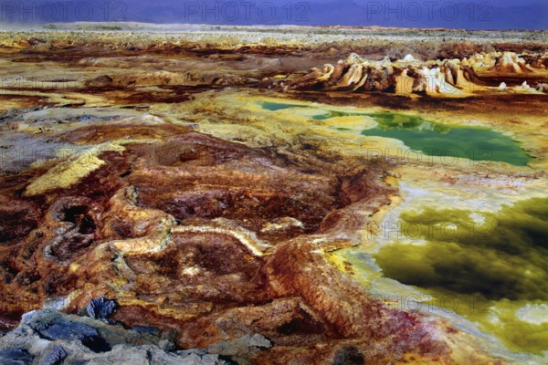 Exotic mineral-signal-filled landscape in Dallol with shades of brown and green, Dallol, Afar region, Ethiopia