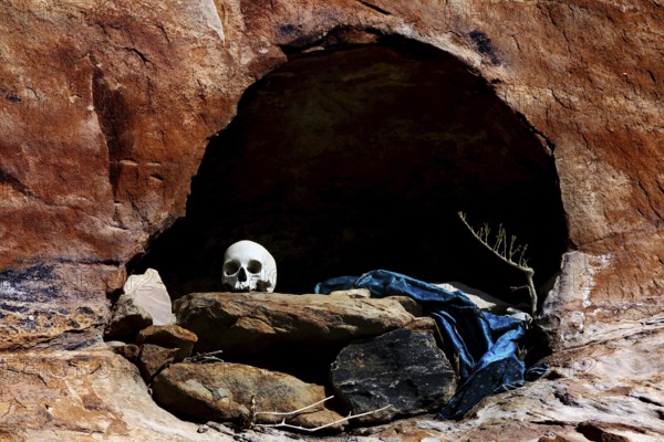 Hermit cave near Debre Damo with an impressive skull, Debre Damo, null, Ethiopia