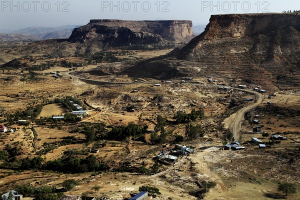 Extensive landscape with flat mountains and scattered villages, Debre Damo, Tigray, Ethiopia