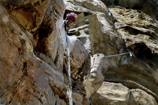 Entrance to Debre Damo monastery climbed over rock face and rope, Debre Damo, Tigray, Ethiopia